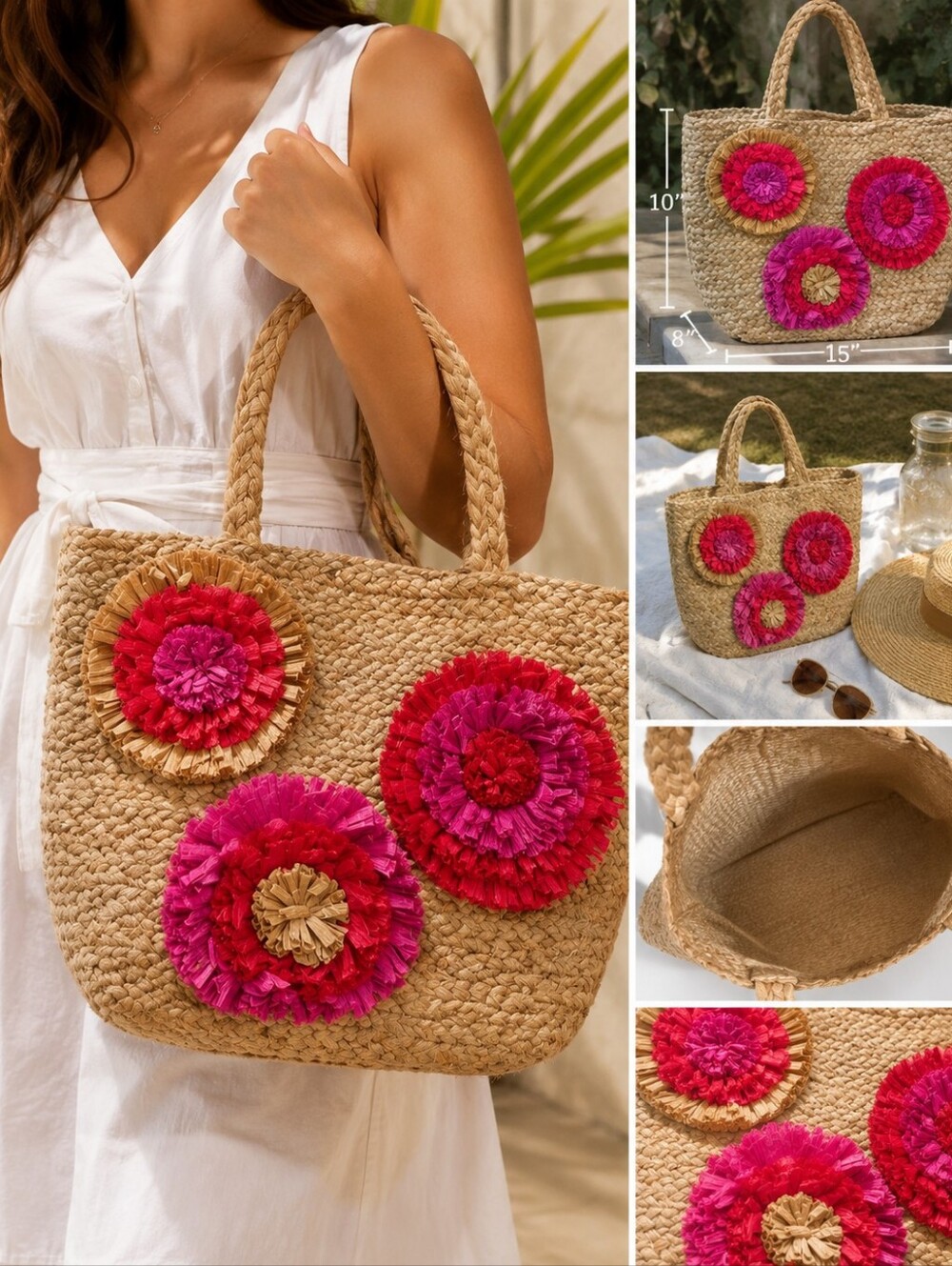 Chico’s Straw Tote Bag Pink Floral Beach Summer Bag